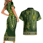 Lime Green African Dashiki With Australia Aboriginal Art Couples Matching Short Sleeve Bodycon Dress and Hawaiian Shirt