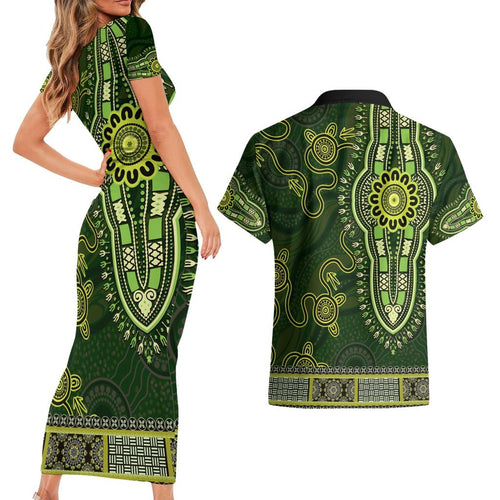 Lime Green African Dashiki With Australia Aboriginal Art Couples Matching Short Sleeve Bodycon Dress and Hawaiian Shirt