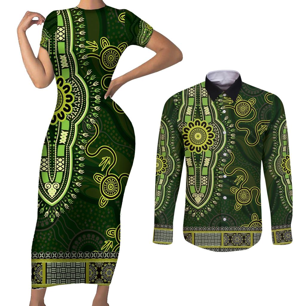 Lime Green African Dashiki With Australia Aboriginal Art Couples Matching Short Sleeve Bodycon Dress and Long Sleeve Button Shirt