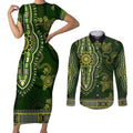 Lime Green African Dashiki With Australia Aboriginal Art Couples Matching Short Sleeve Bodycon Dress and Long Sleeve Button Shirt
