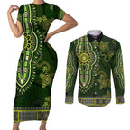 Lime Green African Dashiki With Australia Aboriginal Art Couples Matching Short Sleeve Bodycon Dress and Long Sleeve Button Shirt