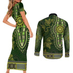 Lime Green African Dashiki With Australia Aboriginal Art Couples Matching Short Sleeve Bodycon Dress and Long Sleeve Button Shirt