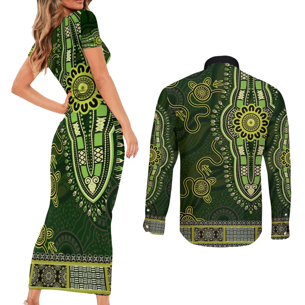 Lime Green African Dashiki With Australia Aboriginal Art Couples Matching Short Sleeve Bodycon Dress and Long Sleeve Button Shirt