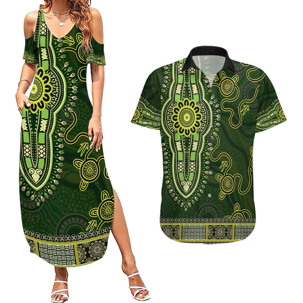 Lime Green African Dashiki With Australia Aboriginal Art Couples Matching Summer Maxi Dress and Hawaiian Shirt