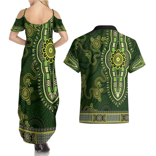 Lime Green African Dashiki With Australia Aboriginal Art Couples Matching Summer Maxi Dress and Hawaiian Shirt