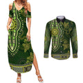 Lime Green African Dashiki With Australia Aboriginal Art Couples Matching Summer Maxi Dress and Long Sleeve Button Shirt