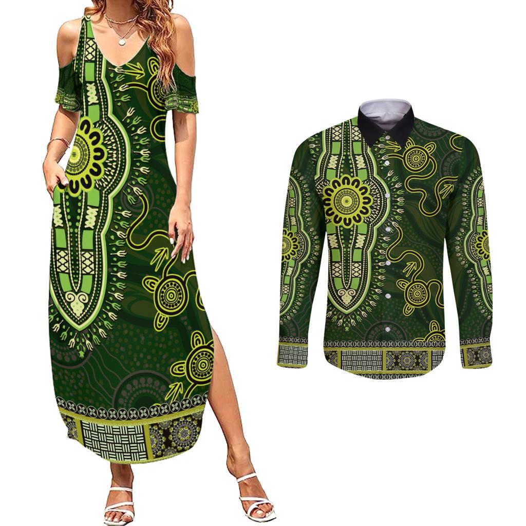Lime Green African Dashiki With Australia Aboriginal Art Couples Matching Summer Maxi Dress and Long Sleeve Button Shirt