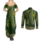 Lime Green African Dashiki With Australia Aboriginal Art Couples Matching Summer Maxi Dress and Long Sleeve Button Shirt