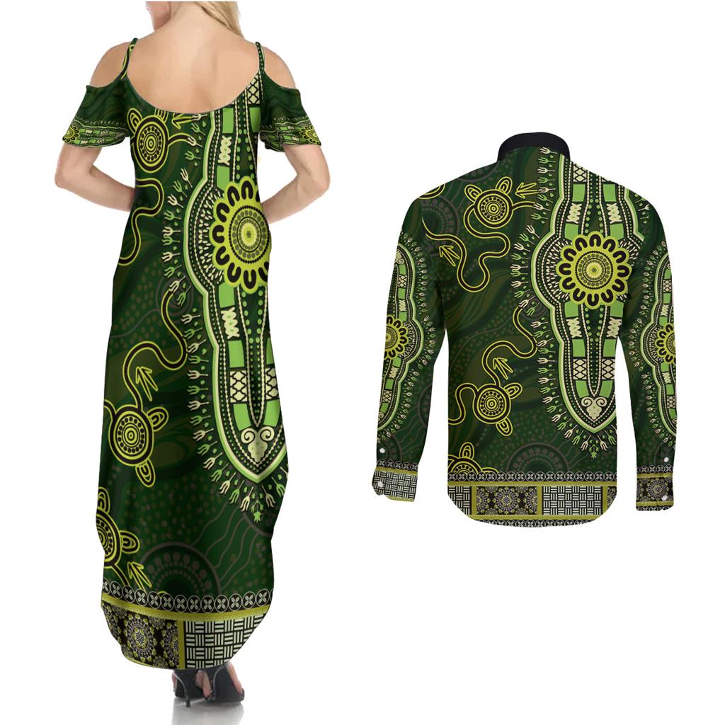 Lime Green African Dashiki With Australia Aboriginal Art Couples Matching Summer Maxi Dress and Long Sleeve Button Shirt