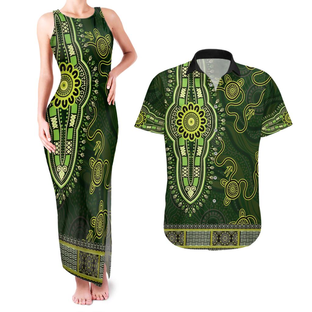 Lime Green African Dashiki With Australia Aboriginal Art Couples Matching Tank Maxi Dress and Hawaiian Shirt