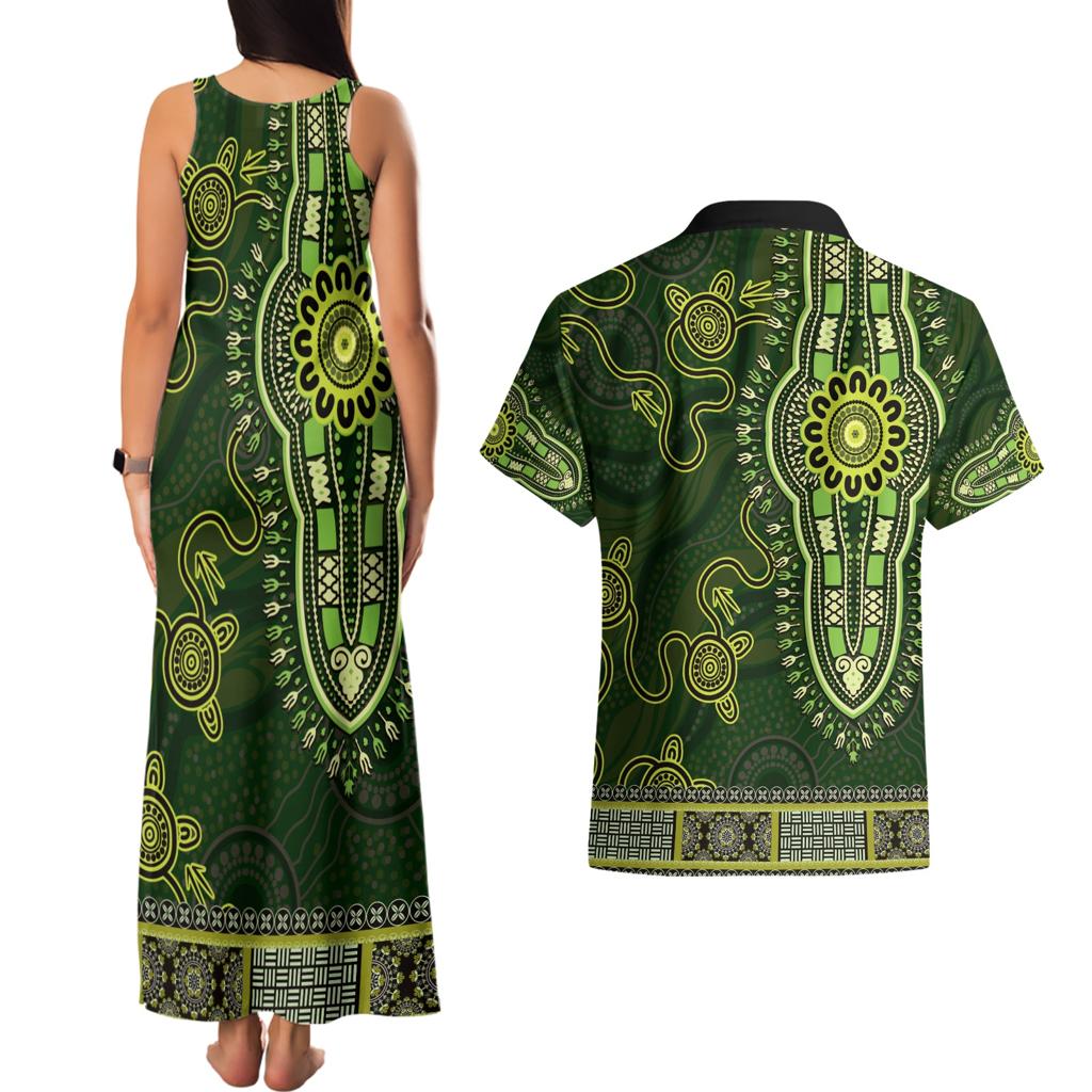 Lime Green African Dashiki With Australia Aboriginal Art Couples Matching Tank Maxi Dress and Hawaiian Shirt