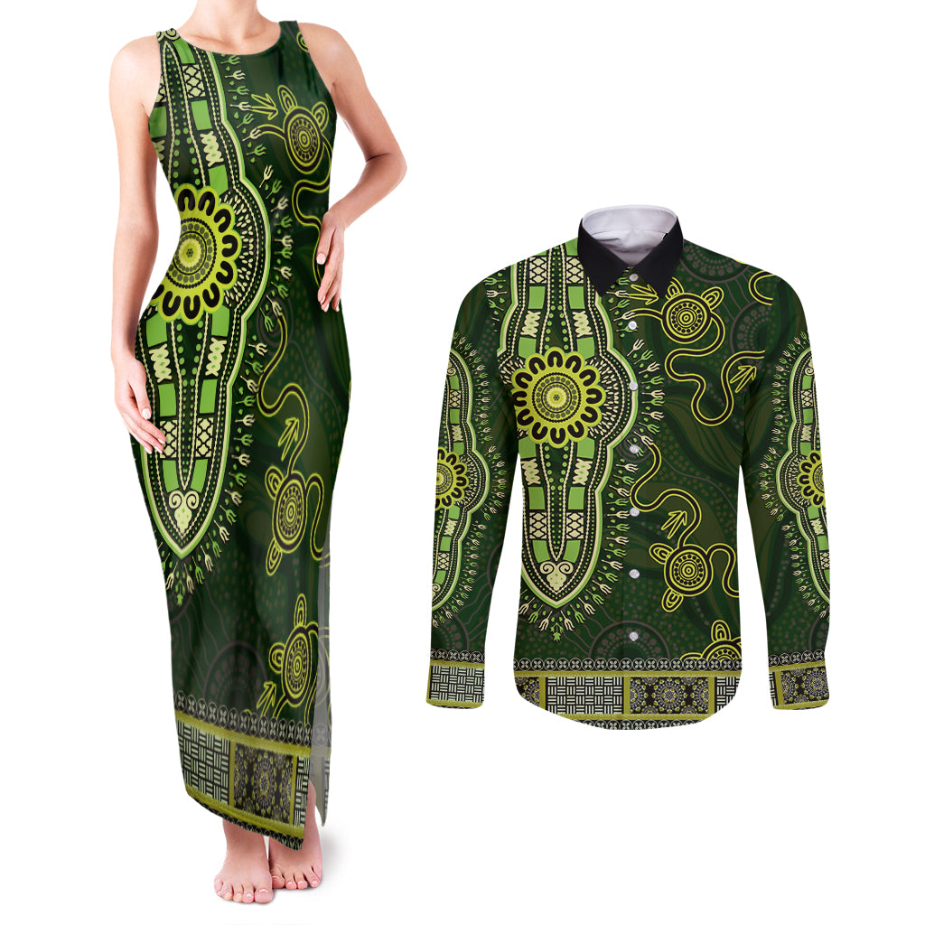 Lime Green African Dashiki With Australia Aboriginal Art Couples Matching Tank Maxi Dress and Long Sleeve Button Shirt
