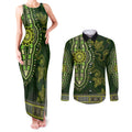 Lime Green African Dashiki With Australia Aboriginal Art Couples Matching Tank Maxi Dress and Long Sleeve Button Shirt