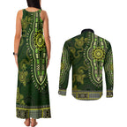 Lime Green African Dashiki With Australia Aboriginal Art Couples Matching Tank Maxi Dress and Long Sleeve Button Shirt