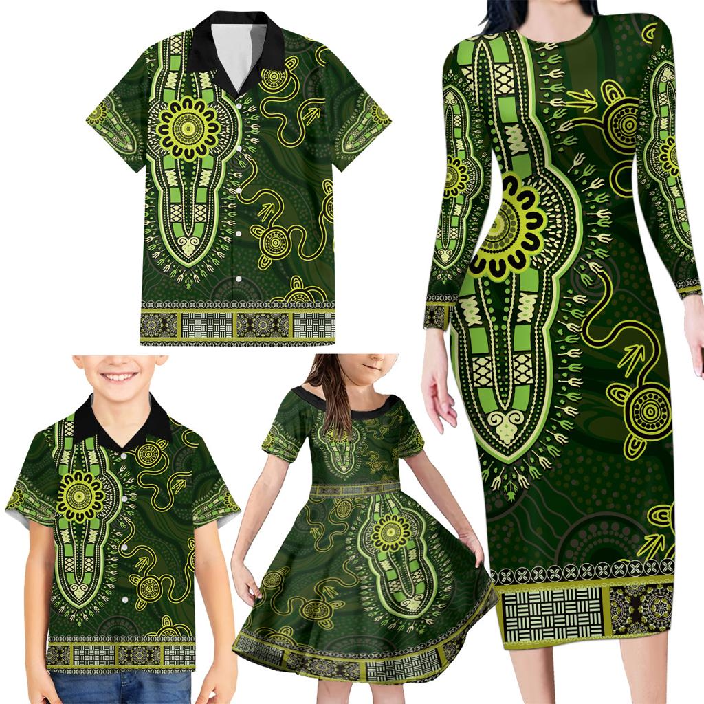 Lime Green African Dashiki With Australia Aboriginal Art Family Matching Long Sleeve Bodycon Dress and Hawaiian Shirt