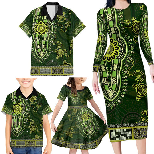 Lime Green African Dashiki With Australia Aboriginal Art Family Matching Long Sleeve Bodycon Dress and Hawaiian Shirt