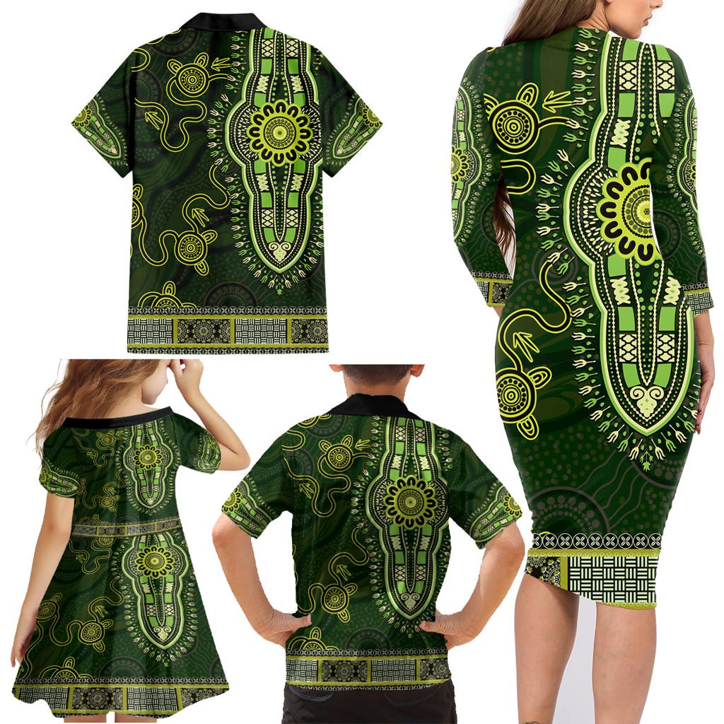 Lime Green African Dashiki With Australia Aboriginal Art Family Matching Long Sleeve Bodycon Dress and Hawaiian Shirt