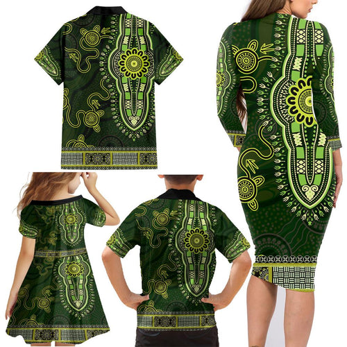 Lime Green African Dashiki With Australia Aboriginal Art Family Matching Long Sleeve Bodycon Dress and Hawaiian Shirt