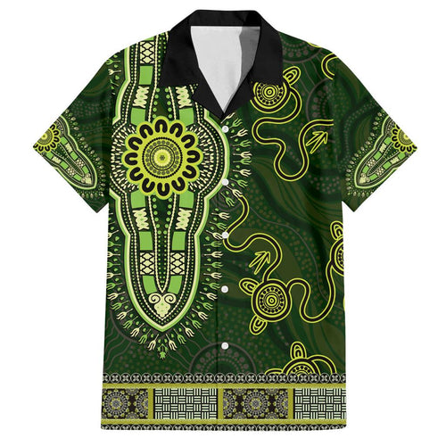 Lime Green African Dashiki With Australia Aboriginal Art Family Matching Long Sleeve Bodycon Dress and Hawaiian Shirt
