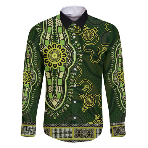 Lime Green African Dashiki With Australia Aboriginal Art Family Matching Long Sleeve Bodycon Dress and Hawaiian Shirt