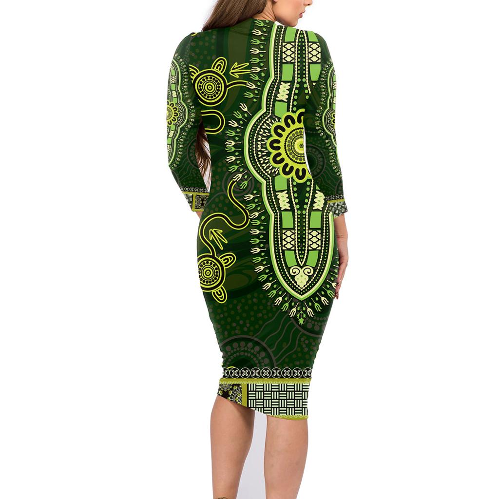 Lime Green African Dashiki With Australia Aboriginal Art Family Matching Long Sleeve Bodycon Dress and Hawaiian Shirt