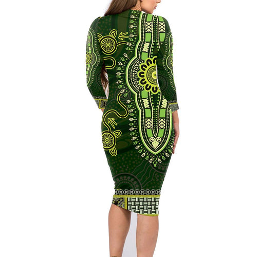 Lime Green African Dashiki With Australia Aboriginal Art Family Matching Long Sleeve Bodycon Dress and Hawaiian Shirt