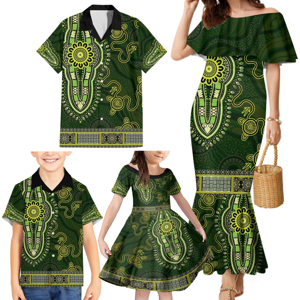 Lime Green African Dashiki With Australia Aboriginal Art Family Matching Mermaid Dress and Hawaiian Shirt