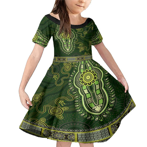 Lime Green African Dashiki With Australia Aboriginal Art Family Matching Mermaid Dress and Hawaiian Shirt