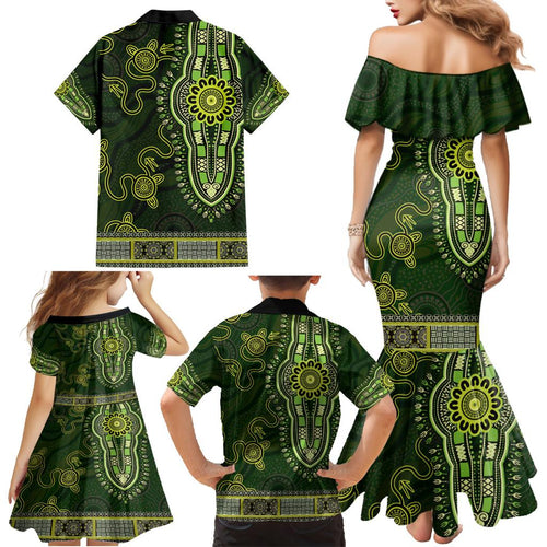 Lime Green African Dashiki With Australia Aboriginal Art Family Matching Mermaid Dress and Hawaiian Shirt