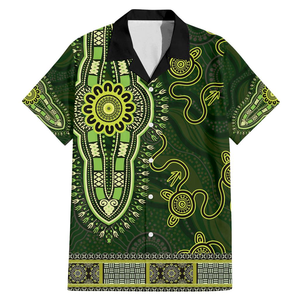 Lime Green African Dashiki With Australia Aboriginal Art Family Matching Mermaid Dress and Hawaiian Shirt