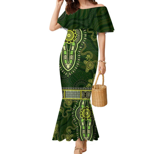 Lime Green African Dashiki With Australia Aboriginal Art Family Matching Mermaid Dress and Hawaiian Shirt