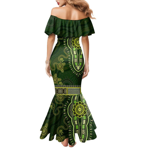 Lime Green African Dashiki With Australia Aboriginal Art Family Matching Mermaid Dress and Hawaiian Shirt