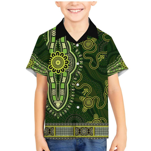 Lime Green African Dashiki With Australia Aboriginal Art Family Matching Mermaid Dress and Hawaiian Shirt