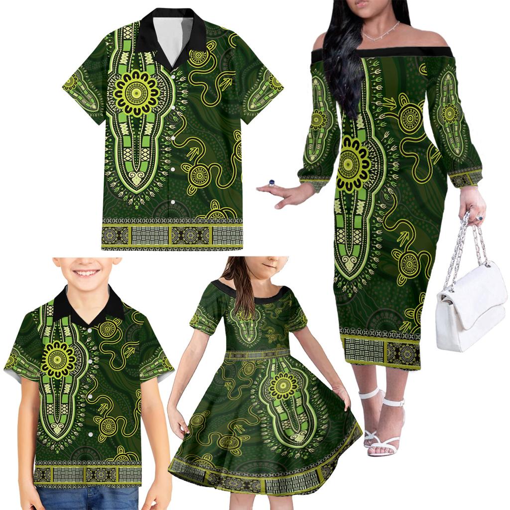 Lime Green African Dashiki With Australia Aboriginal Art Family Matching Off The Shoulder Long Sleeve Dress and Hawaiian Shirt