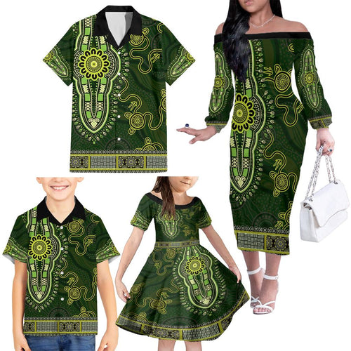 Lime Green African Dashiki With Australia Aboriginal Art Family Matching Off The Shoulder Long Sleeve Dress and Hawaiian Shirt