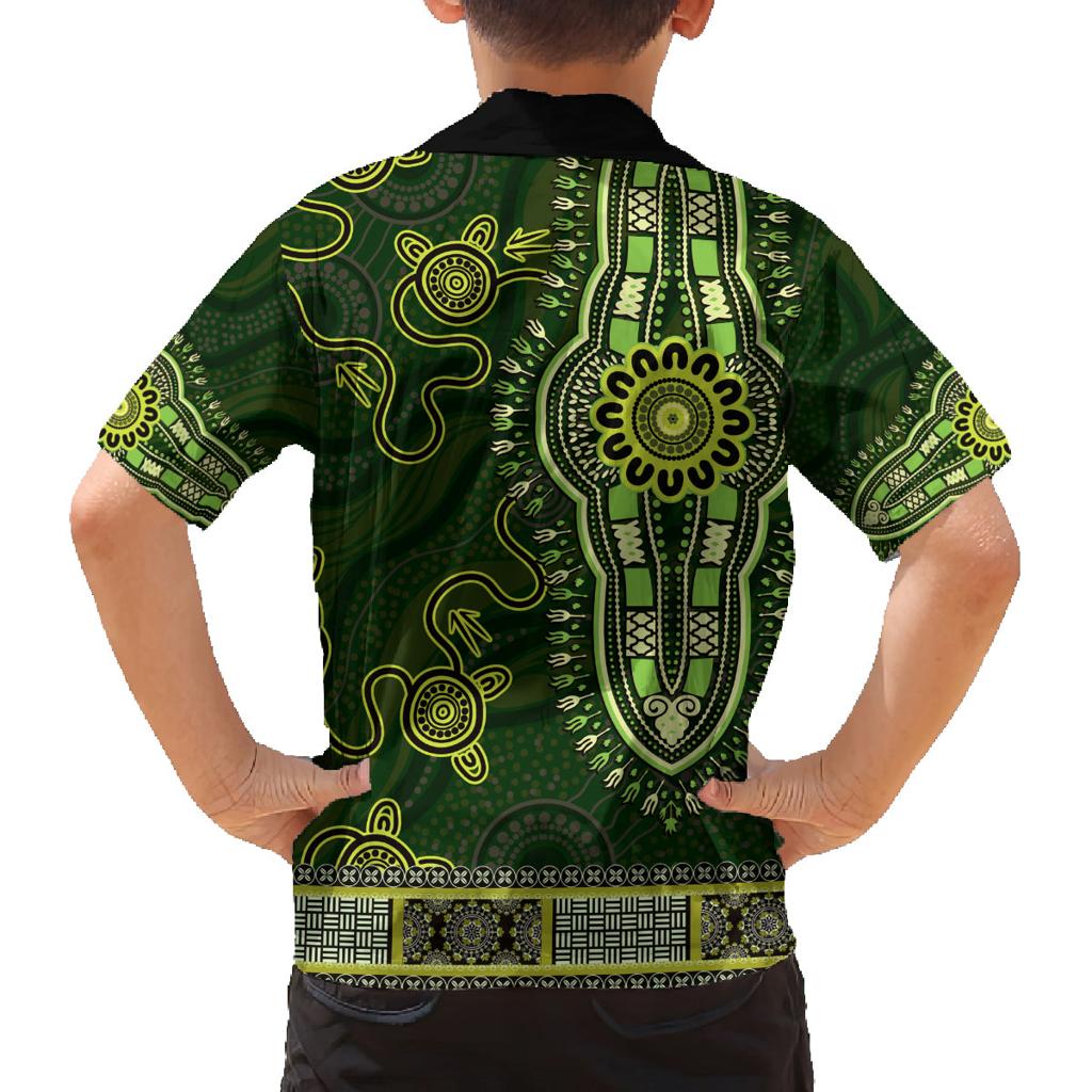 Lime Green African Dashiki With Australia Aboriginal Art Family Matching Off The Shoulder Long Sleeve Dress and Hawaiian Shirt