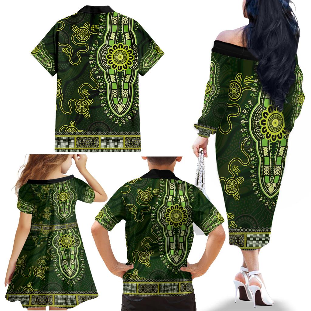 Lime Green African Dashiki With Australia Aboriginal Art Family Matching Off The Shoulder Long Sleeve Dress and Hawaiian Shirt