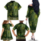 Lime Green African Dashiki With Australia Aboriginal Art Family Matching Off The Shoulder Long Sleeve Dress and Hawaiian Shirt