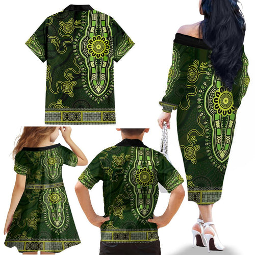Lime Green African Dashiki With Australia Aboriginal Art Family Matching Off The Shoulder Long Sleeve Dress and Hawaiian Shirt