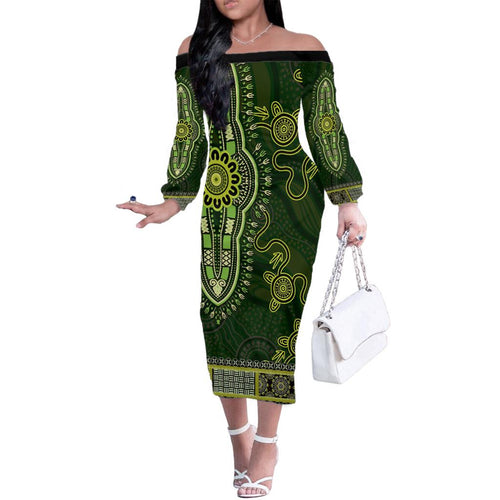 Lime Green African Dashiki With Australia Aboriginal Art Family Matching Off The Shoulder Long Sleeve Dress and Hawaiian Shirt