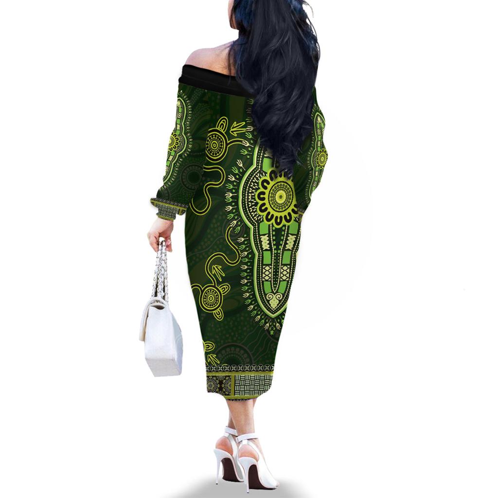 Lime Green African Dashiki With Australia Aboriginal Art Family Matching Off The Shoulder Long Sleeve Dress and Hawaiian Shirt