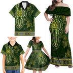 Lime Green African Dashiki With Australia Aboriginal Art Family Matching Off Shoulder Maxi Dress and Hawaiian Shirt