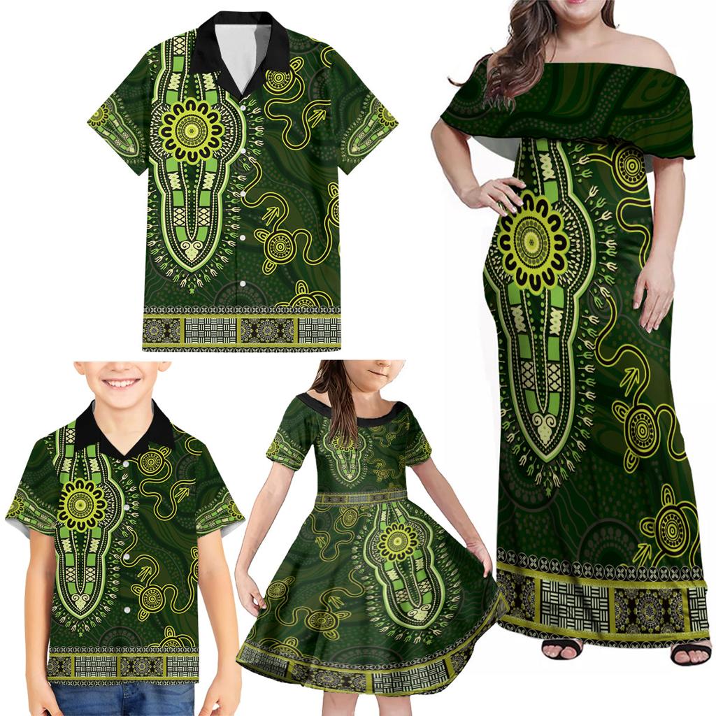 Lime Green African Dashiki With Australia Aboriginal Art Family Matching Off Shoulder Maxi Dress and Hawaiian Shirt