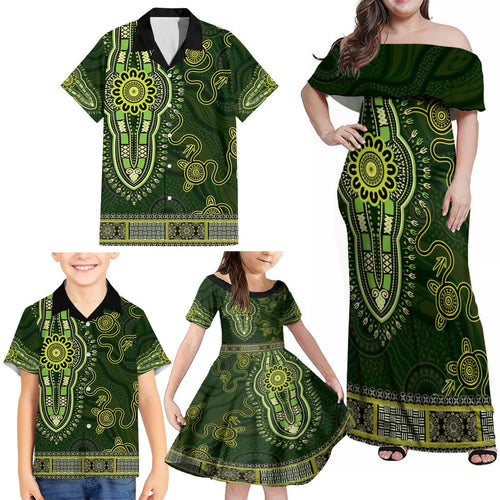 Lime Green African Dashiki With Australia Aboriginal Art Family Matching Off Shoulder Maxi Dress and Hawaiian Shirt