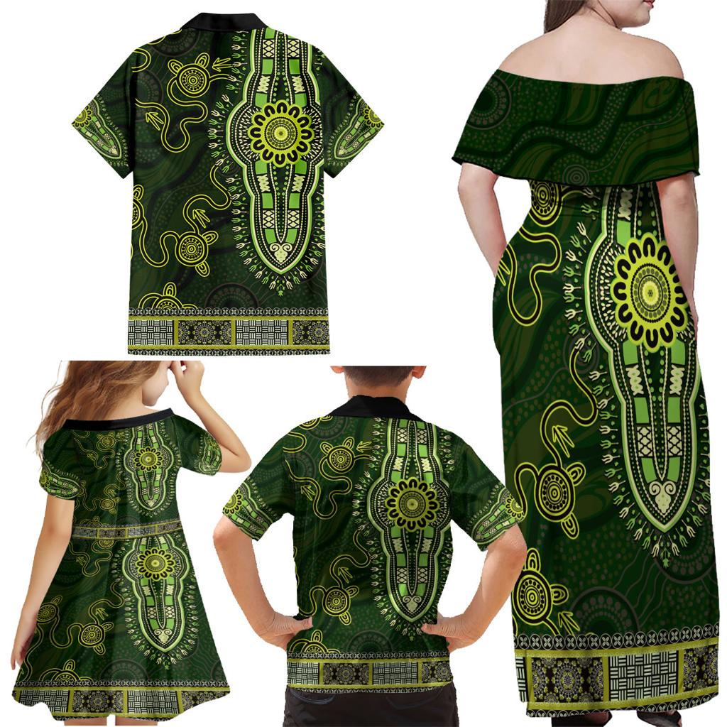 Lime Green African Dashiki With Australia Aboriginal Art Family Matching Off Shoulder Maxi Dress and Hawaiian Shirt