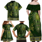 Lime Green African Dashiki With Australia Aboriginal Art Family Matching Off Shoulder Maxi Dress and Hawaiian Shirt