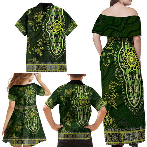 Lime Green African Dashiki With Australia Aboriginal Art Family Matching Off Shoulder Maxi Dress and Hawaiian Shirt