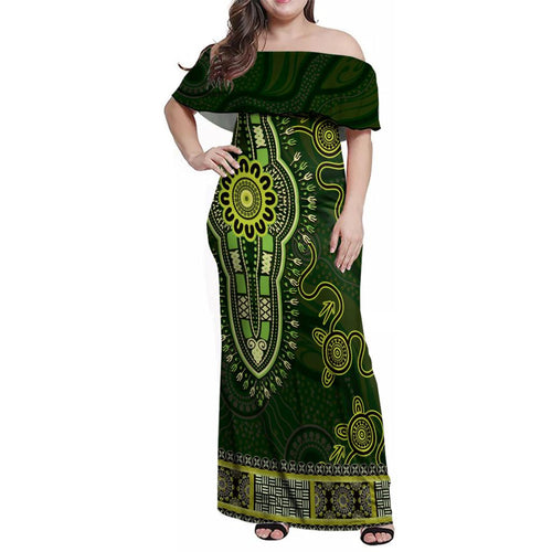 Lime Green African Dashiki With Australia Aboriginal Art Family Matching Off Shoulder Maxi Dress and Hawaiian Shirt