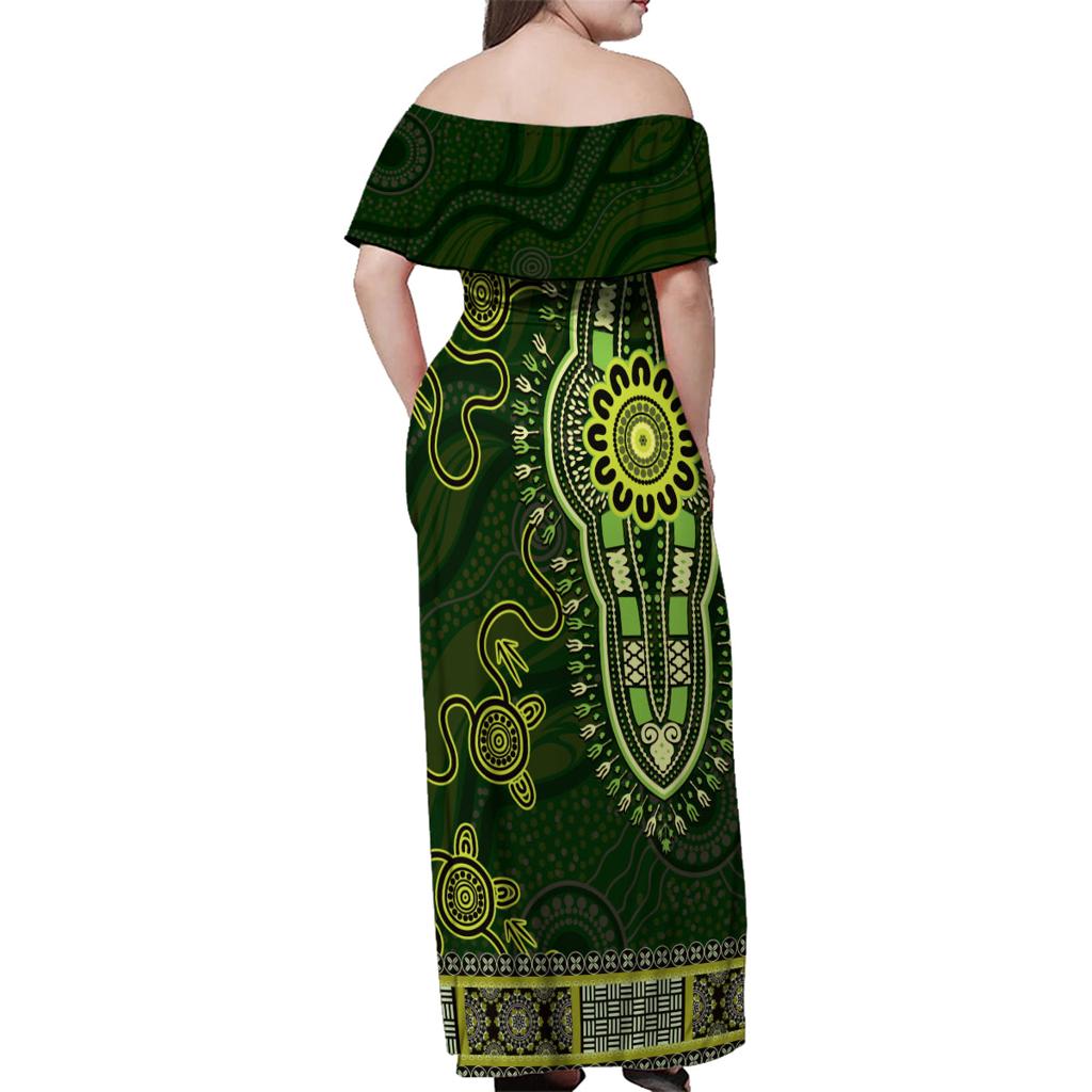 Lime Green African Dashiki With Australia Aboriginal Art Family Matching Off Shoulder Maxi Dress and Hawaiian Shirt