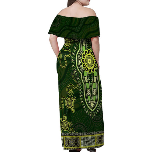 Lime Green African Dashiki With Australia Aboriginal Art Family Matching Off Shoulder Maxi Dress and Hawaiian Shirt